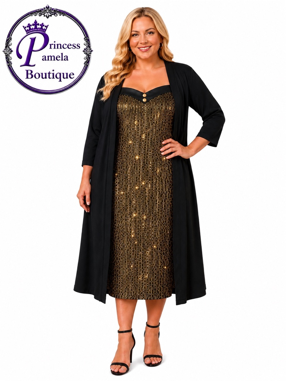 Heart Neckline Patchwork Sequin Button Detail Dress-NWT: Size 14-16